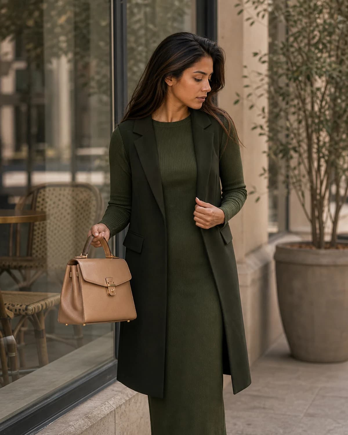 Woman wearing the Olive Depth combination in Dark Autumn colors.
