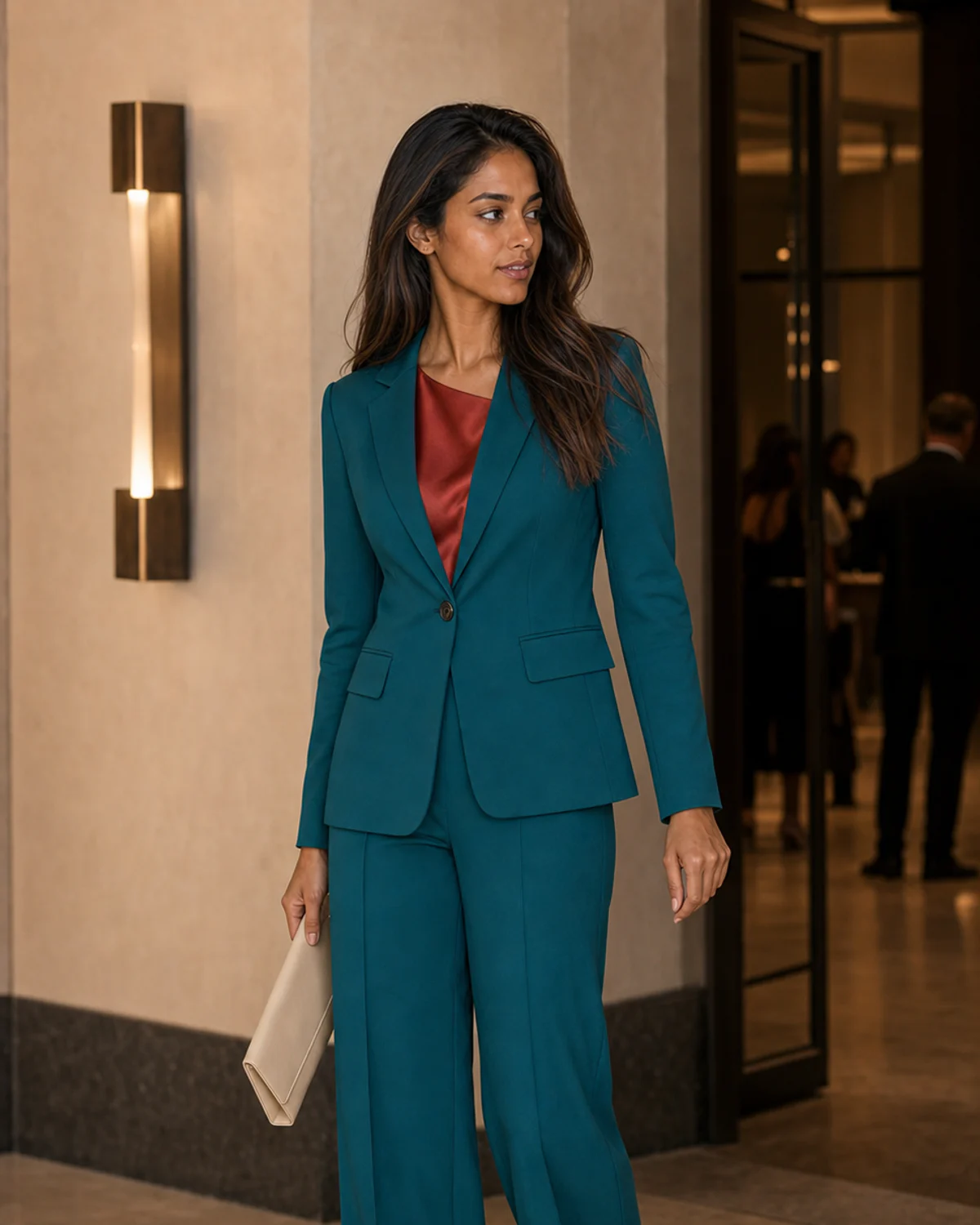 Woman wearing the Peacock Brick combination in Dark Autumn colors.
