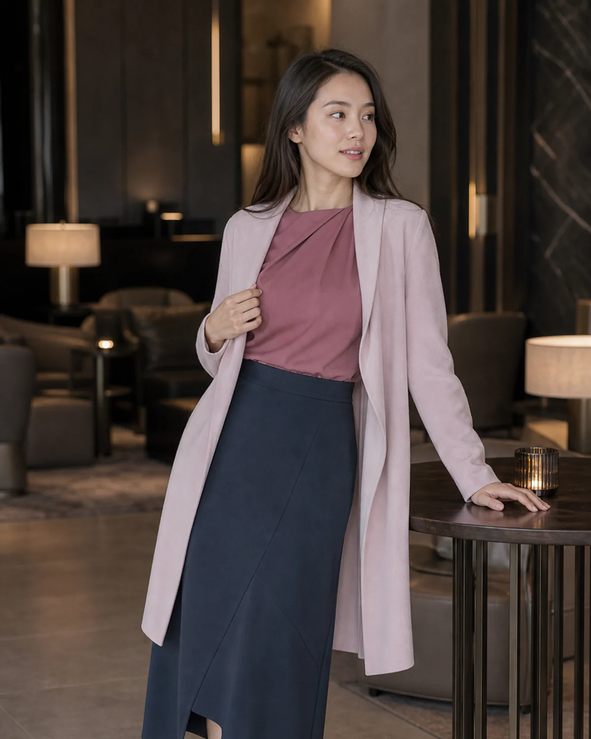 Woman wearing the Muted Berry combination in Soft Summer colors.