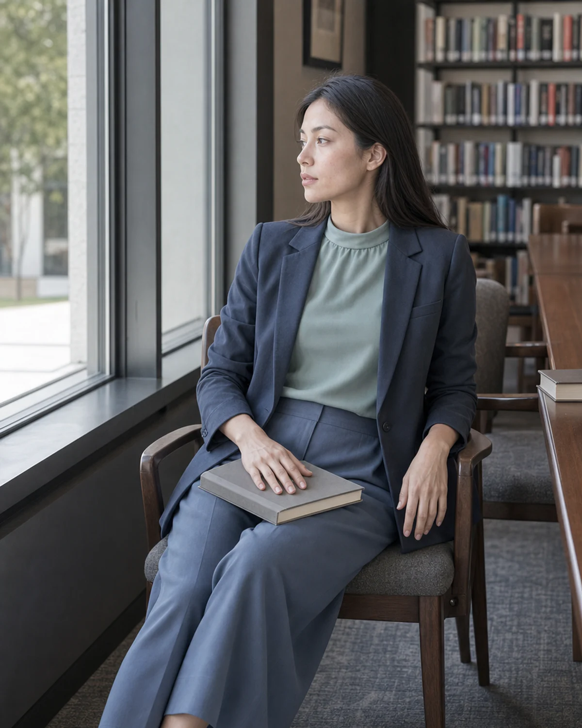 Woman wearing the Slate Garden combination in Soft Summer colors.