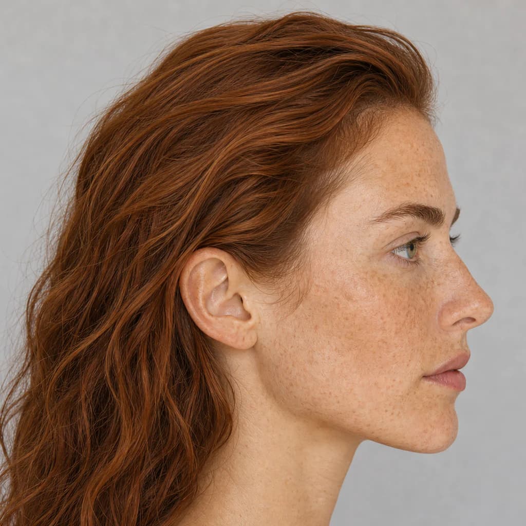 Profile portrait showing the same warm, golden True Autumn coloring.