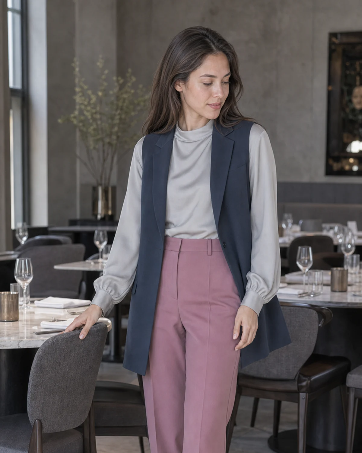 Woman wearing the Mauve Gray combination in True Summer colors.