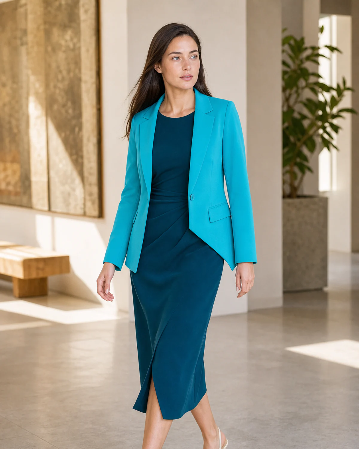 Woman wearing the Bright Aqua Contrast combination in Bright Spring colors.
