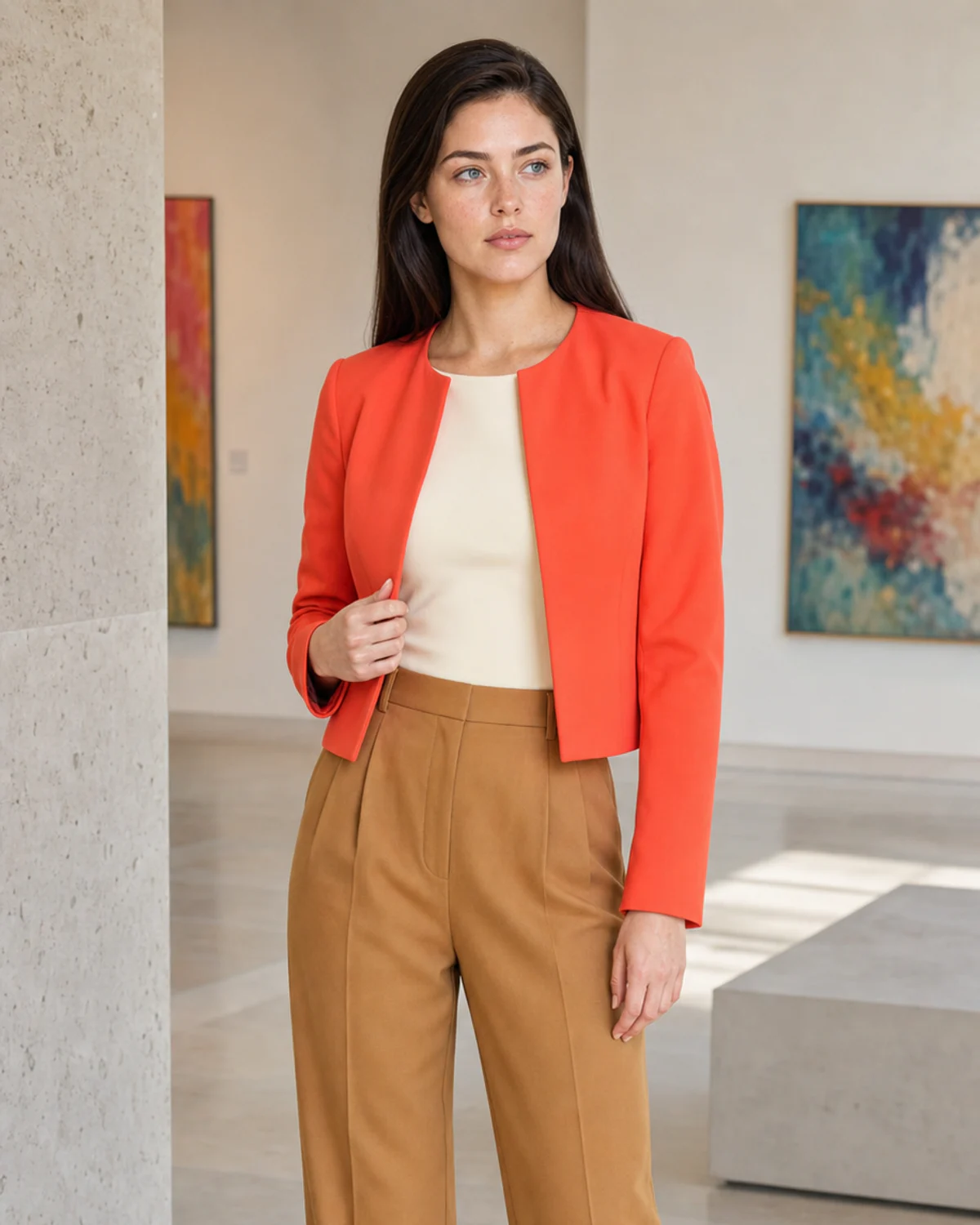 Woman wearing the Electric Coral Neutral combination in Bright Spring colors.