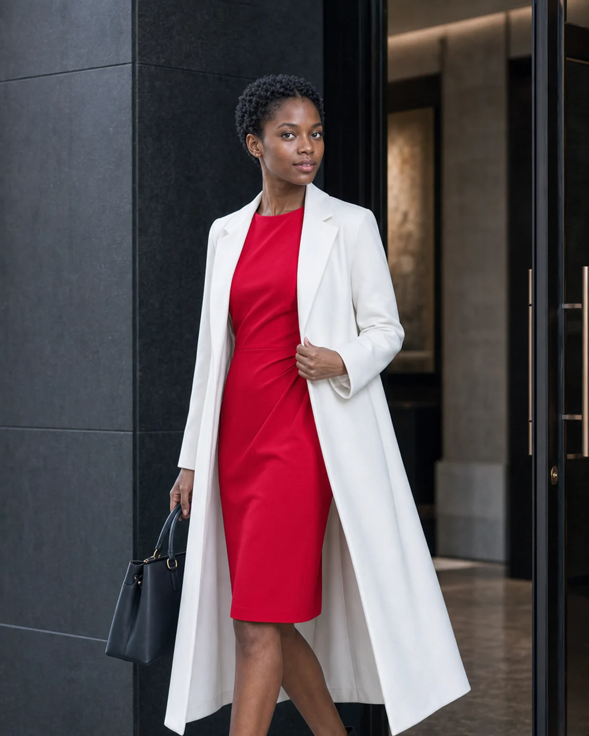 Woman wearing the Cherry Contrast combination in Bright Winter colors.
