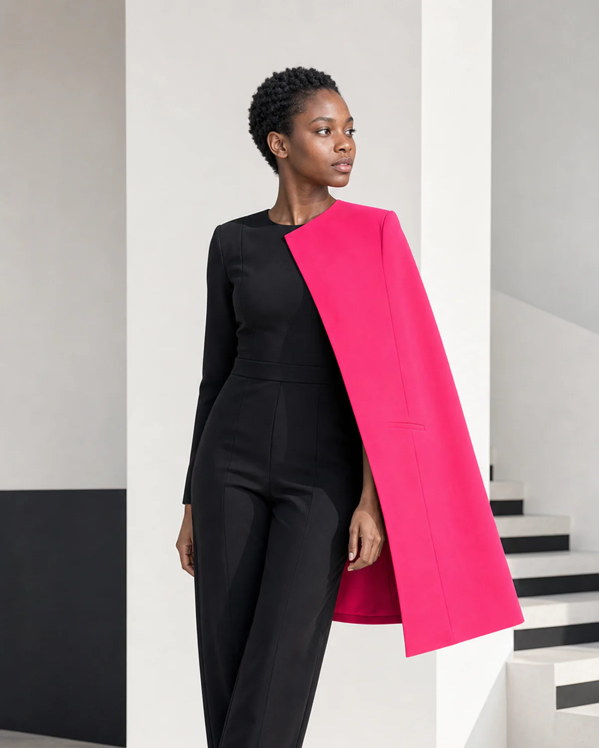 Woman wearing the Electric Black combination in Bright Winter colors.