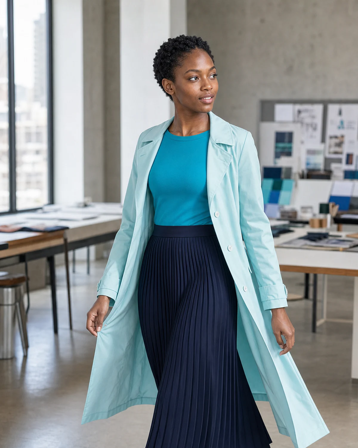 Woman wearing the Ink Blue Teal combination in Bright Winter colors.