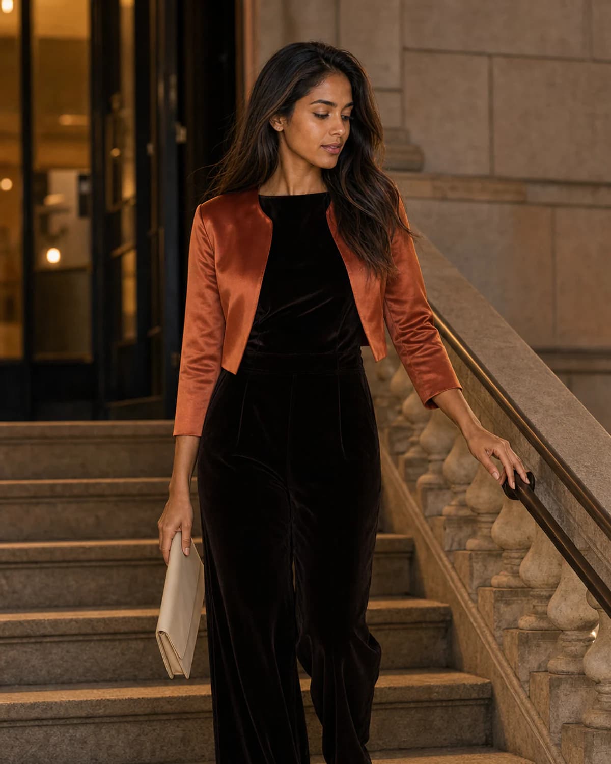 Woman wearing the Espresso Copper combination in Dark Autumn colors.