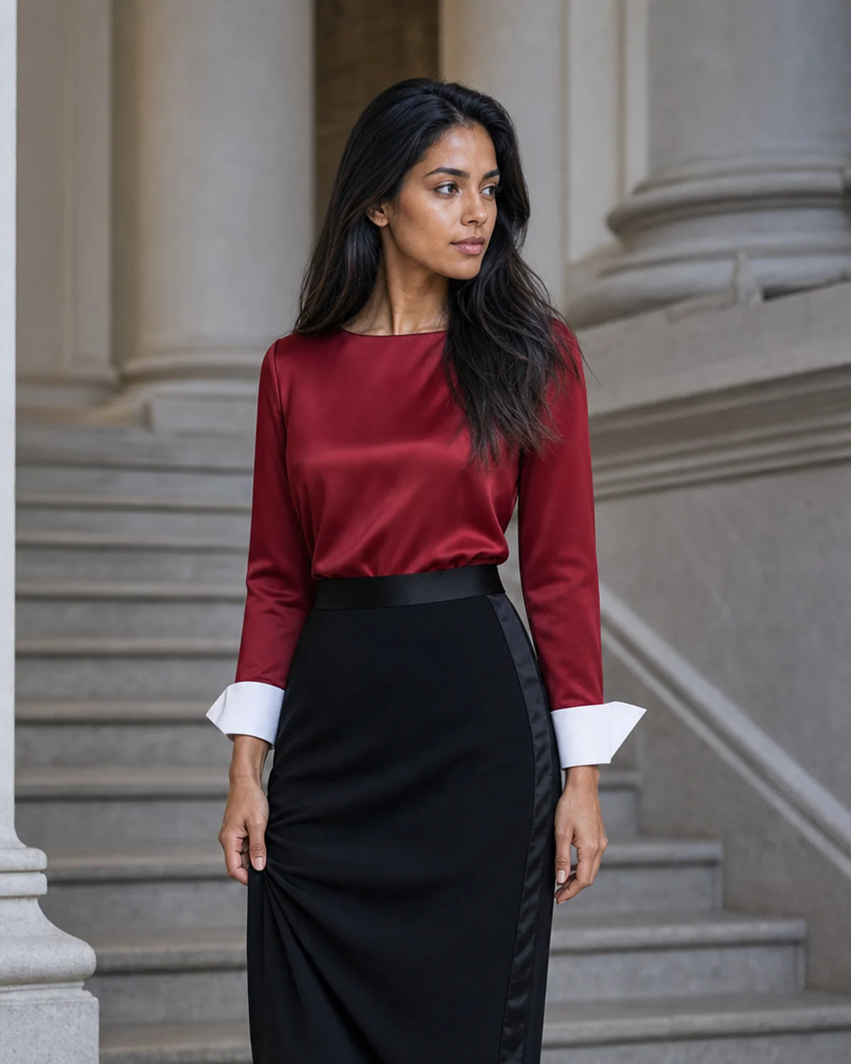 Woman wearing the Cranberry Black combination in Dark Winter colors.