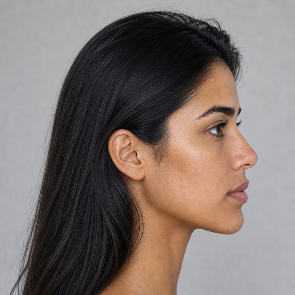Profile portrait showing the same Dark Winter coloring.
