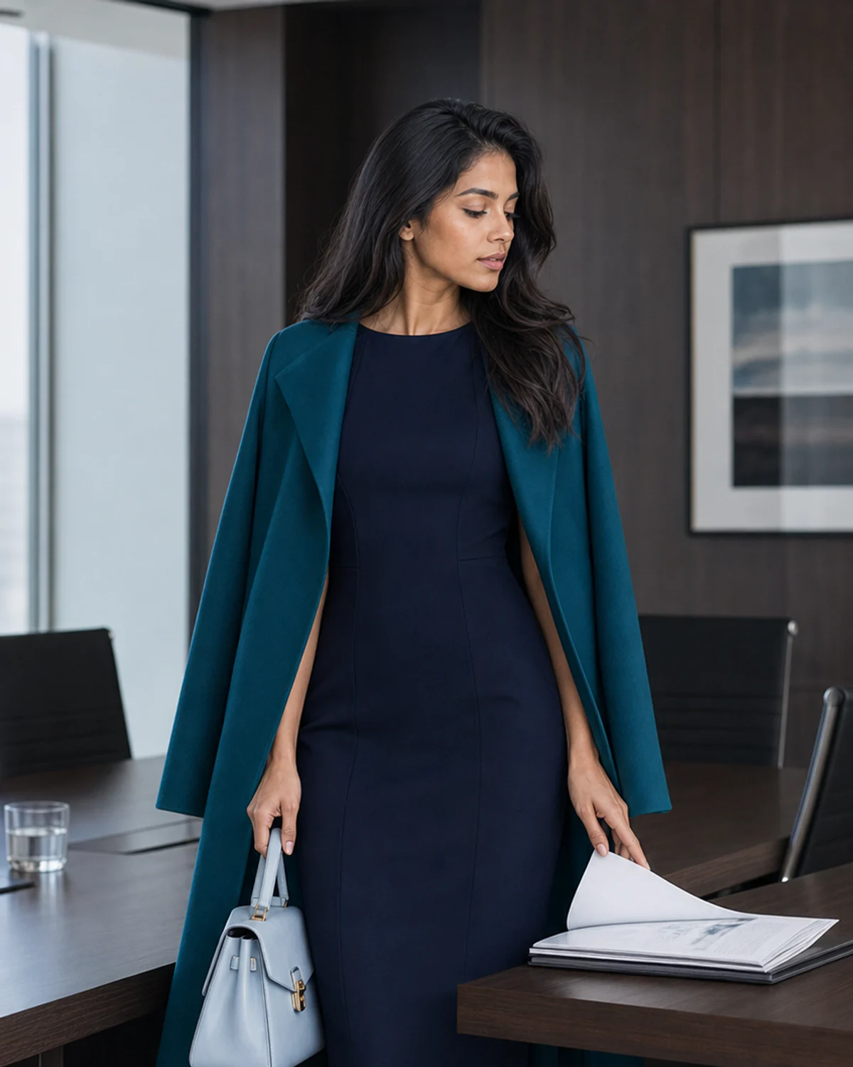 Woman wearing the Navy Jewel combination in Dark Winter colors.