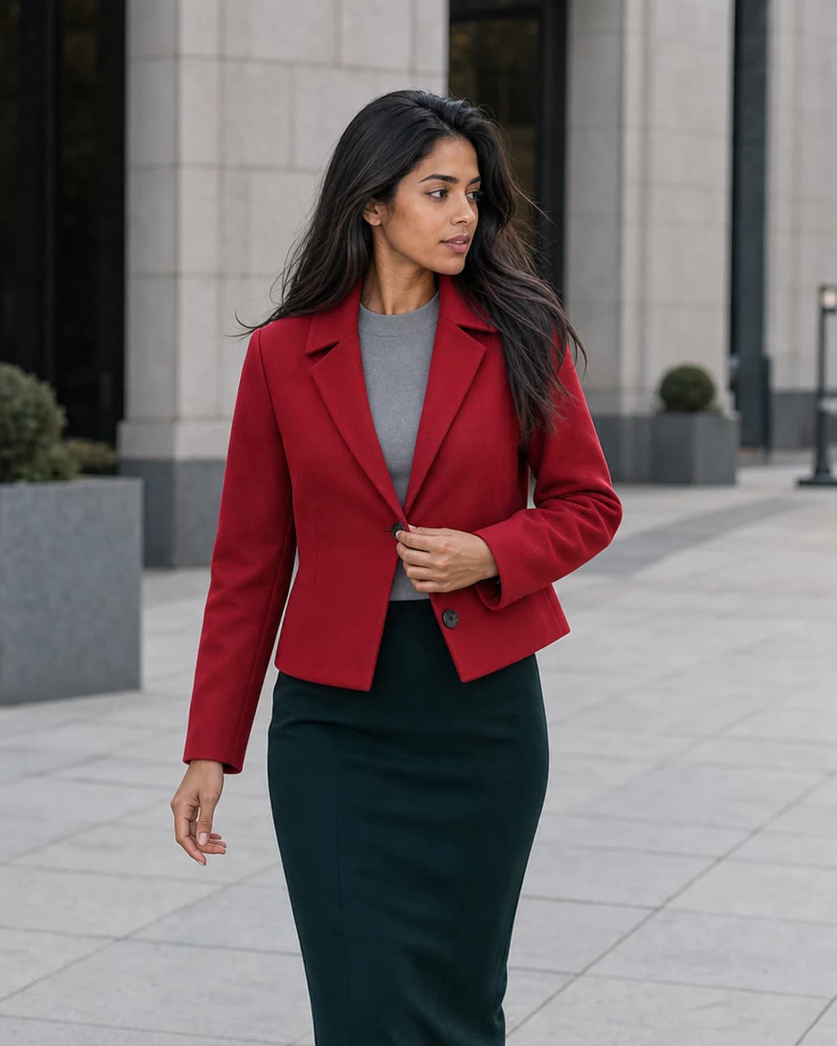 Woman wearing the Pine Contrast combination in Dark Winter colors.