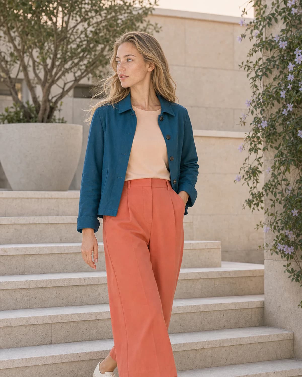 Woman wearing the Gentle Denim Alternative combination in Light Spring colors.