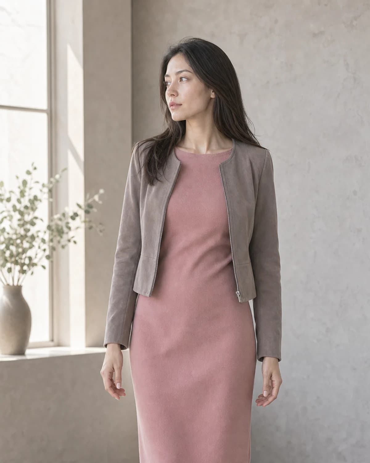 Woman wearing the Dusty Rose Column combination in Soft Summer colors.