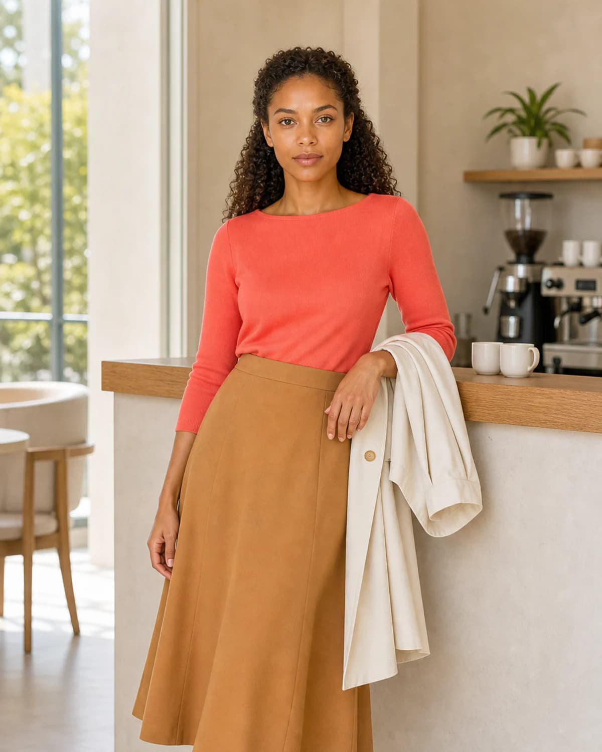 Woman wearing the Fresh Coral Classic combination in True Spring colors.