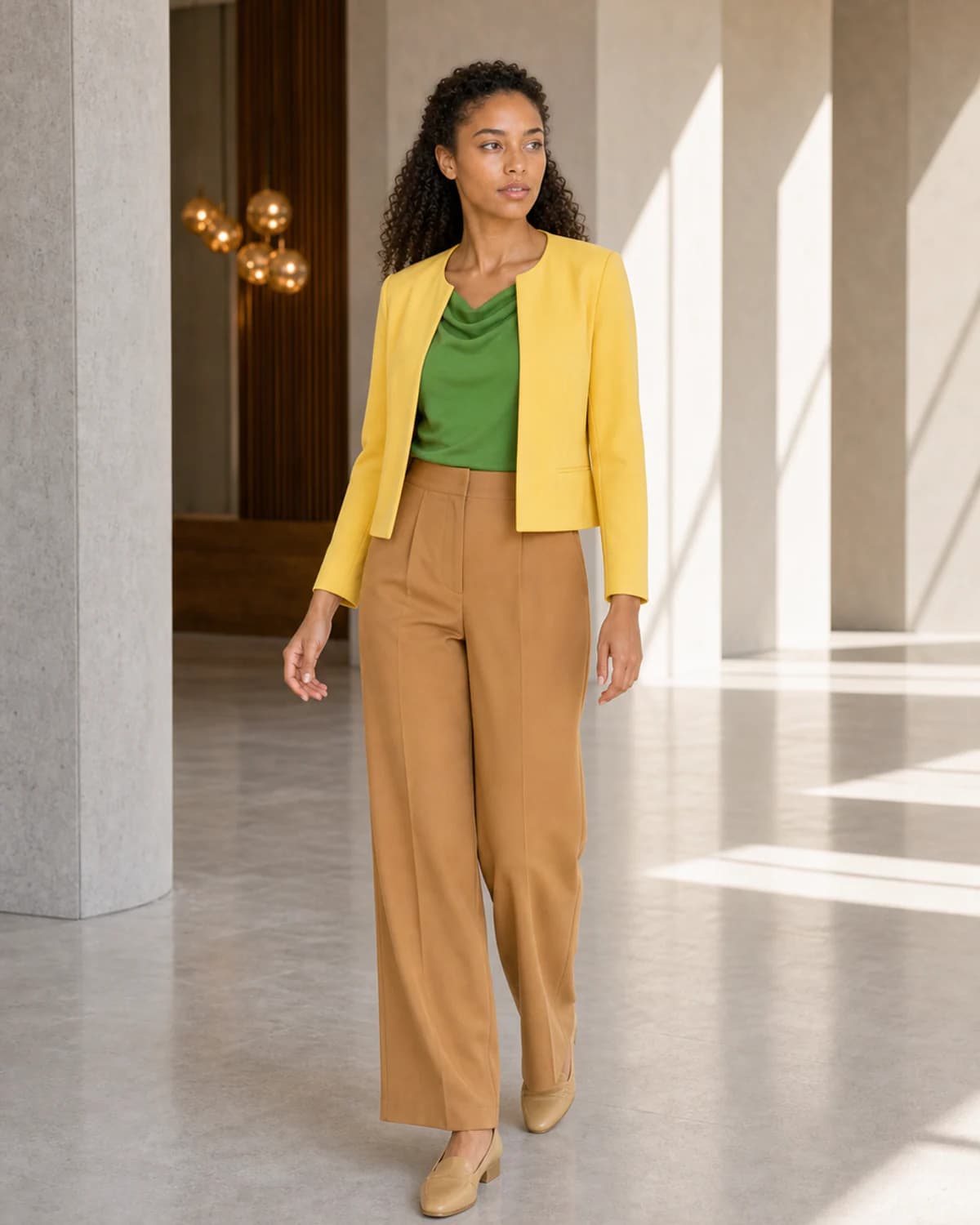 Woman wearing the Golden Green combination in True Spring colors.
