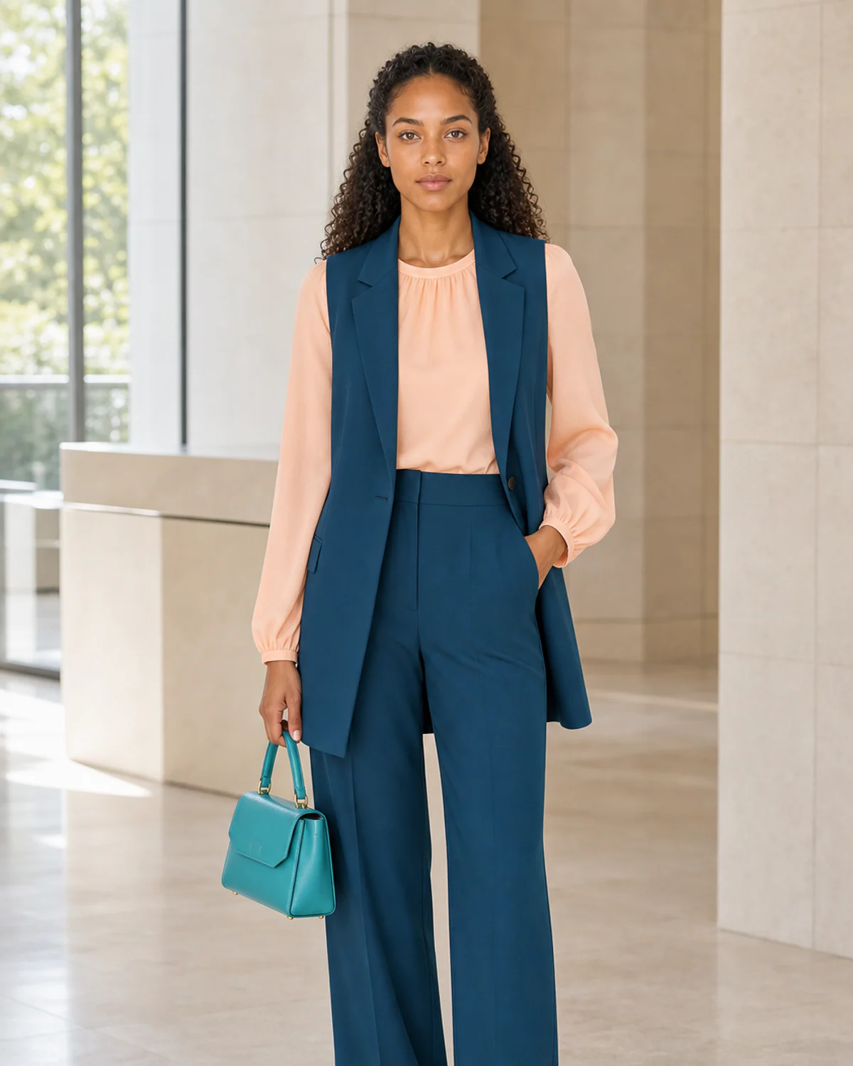 Woman wearing the Warm Teal Suiting combination in True Spring colors.