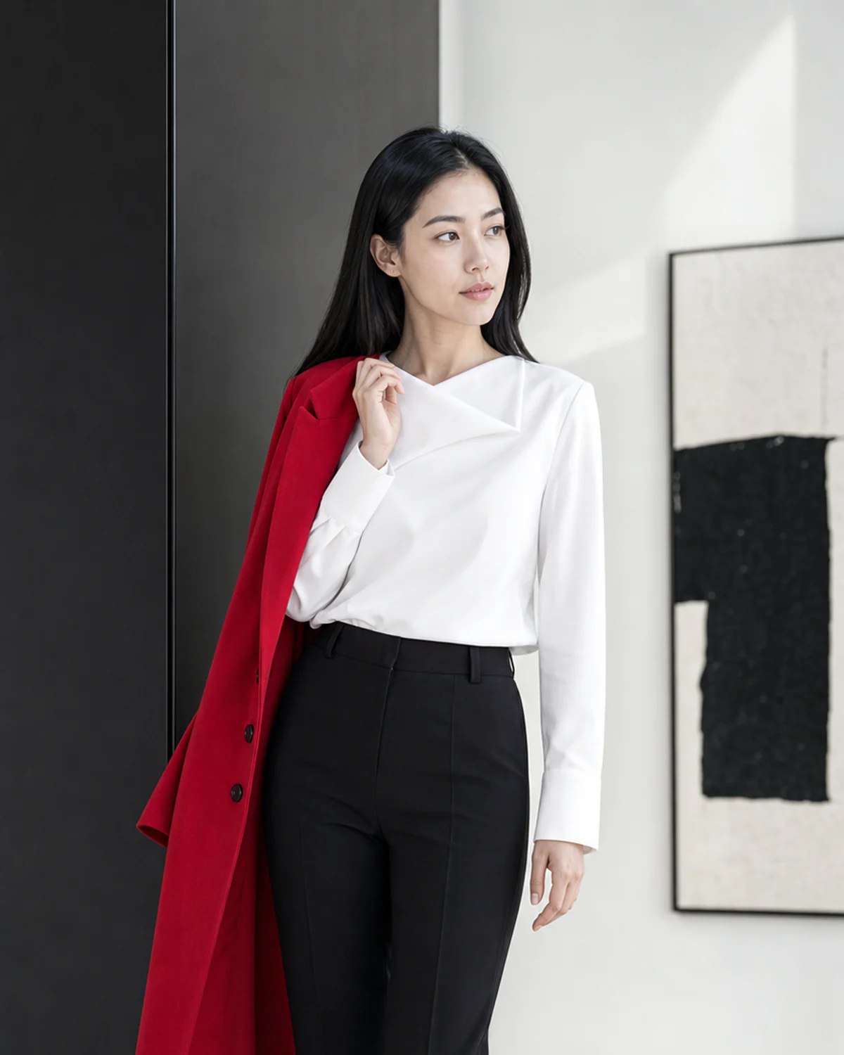 Woman wearing the Black White Red combination in True Winter colors.