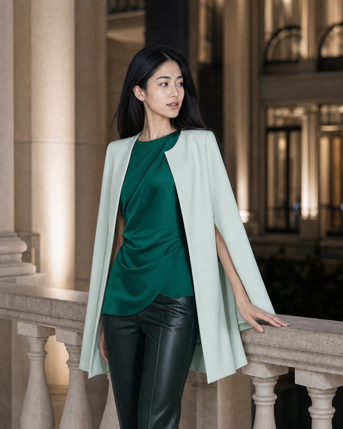 Woman wearing the Emerald Contrast combination in True Winter colors.