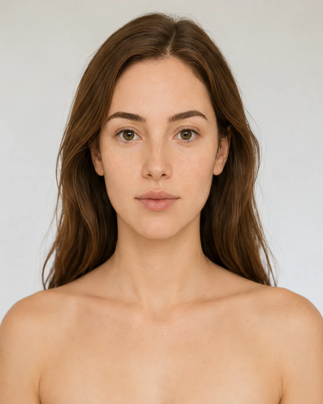 Ideal upload photo example showing a front-facing portrait with bare face, natural hair, neck, and upper chest visible.